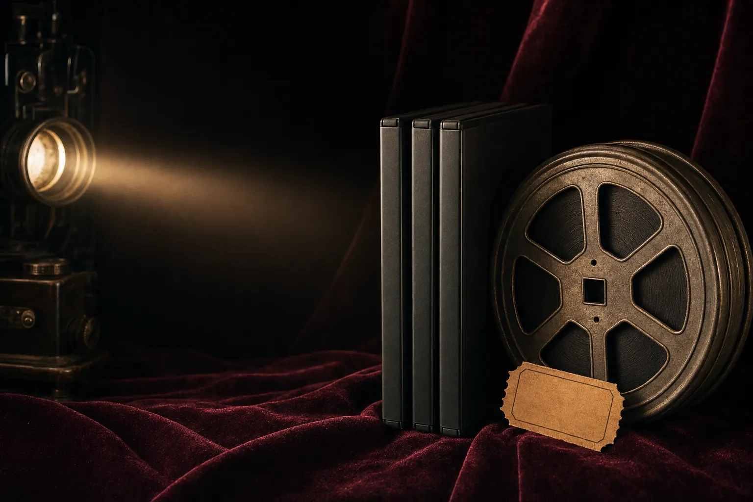 Unbranded DVD cases beside vintage film canisters and a projector beam