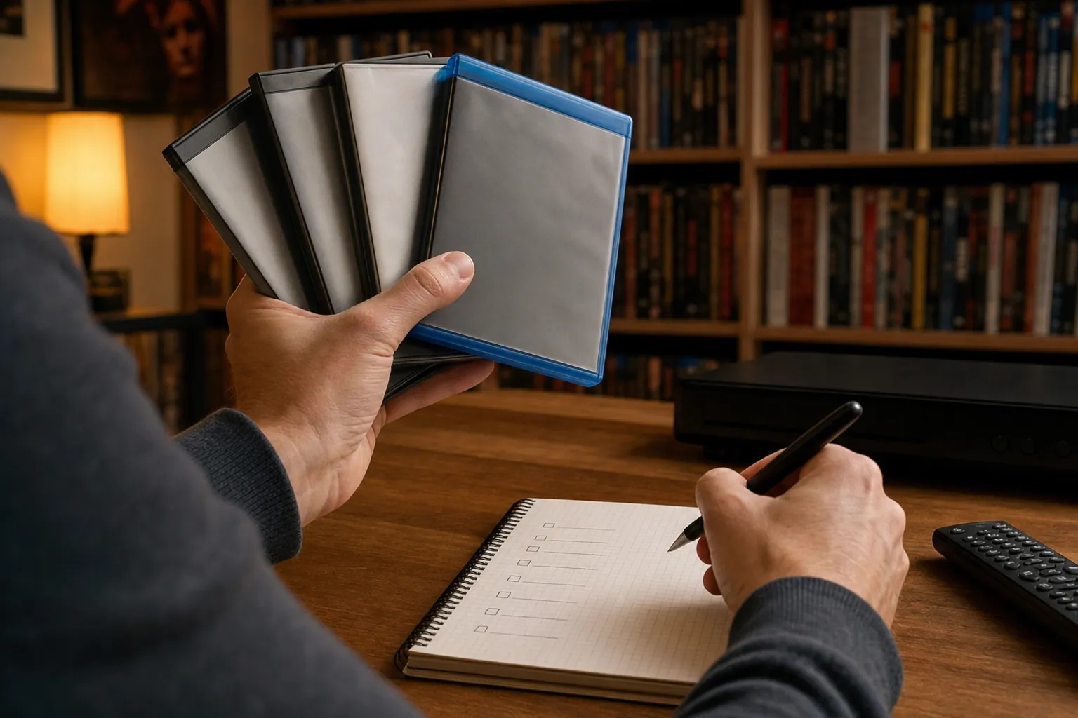 Collector comparing DVD and Blu-ray cases while reviewing a checklist at a desk