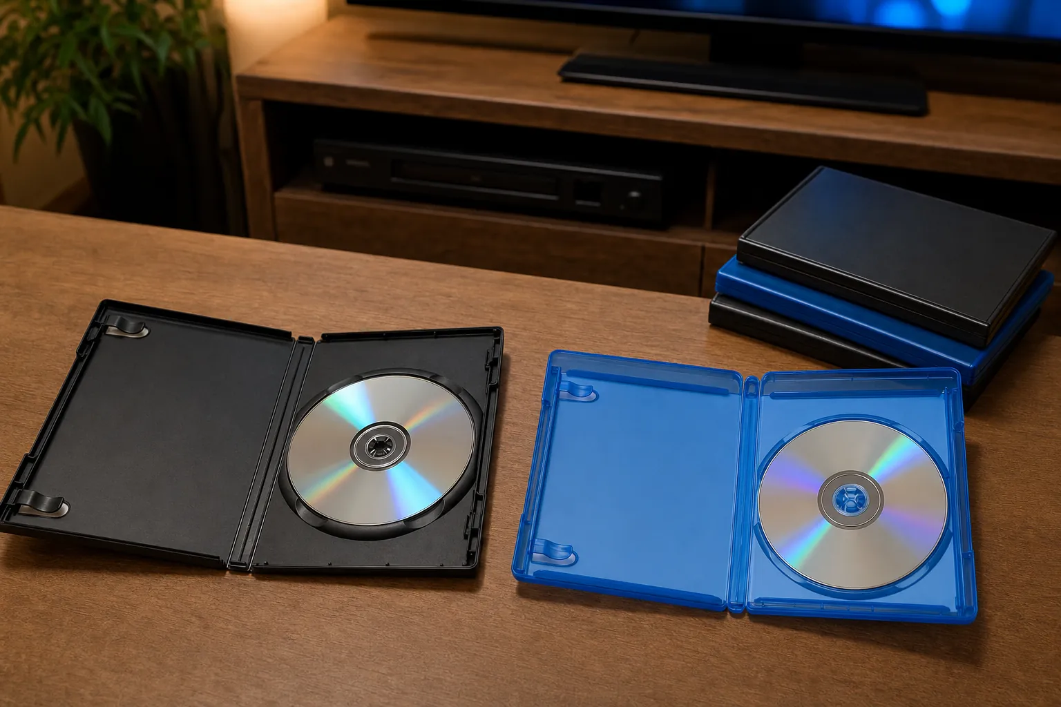 Open black DVD case and blue Blu-ray case with reflective discs on a wooden table