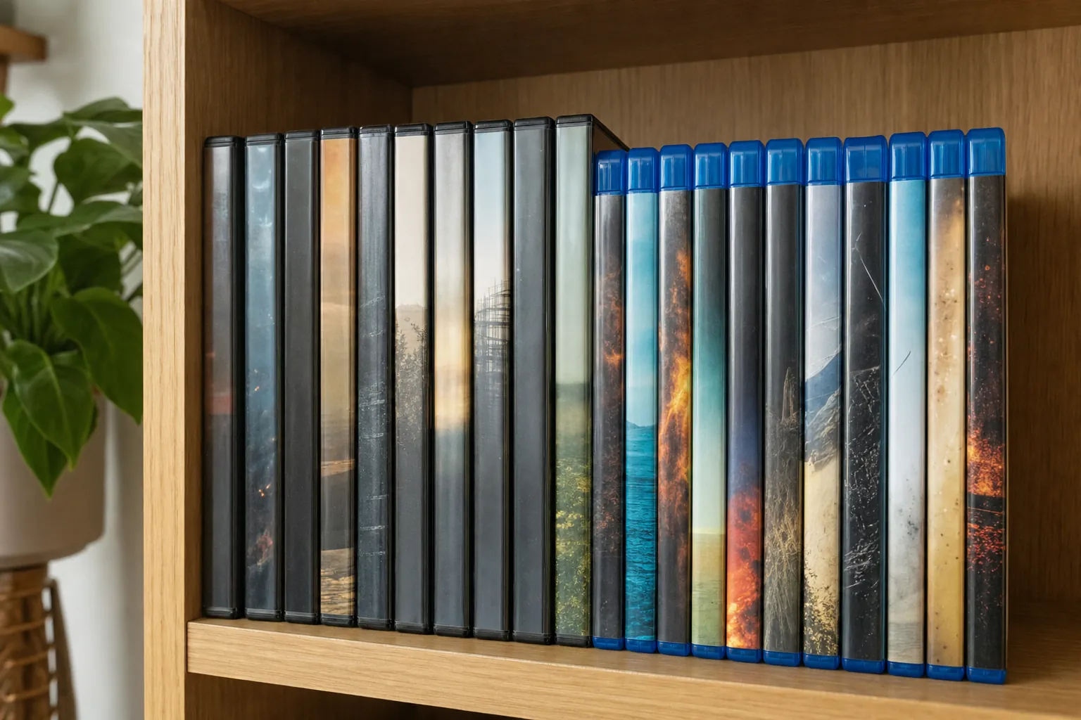 Organized shelf with black DVD cases beside blue Blu-ray cases