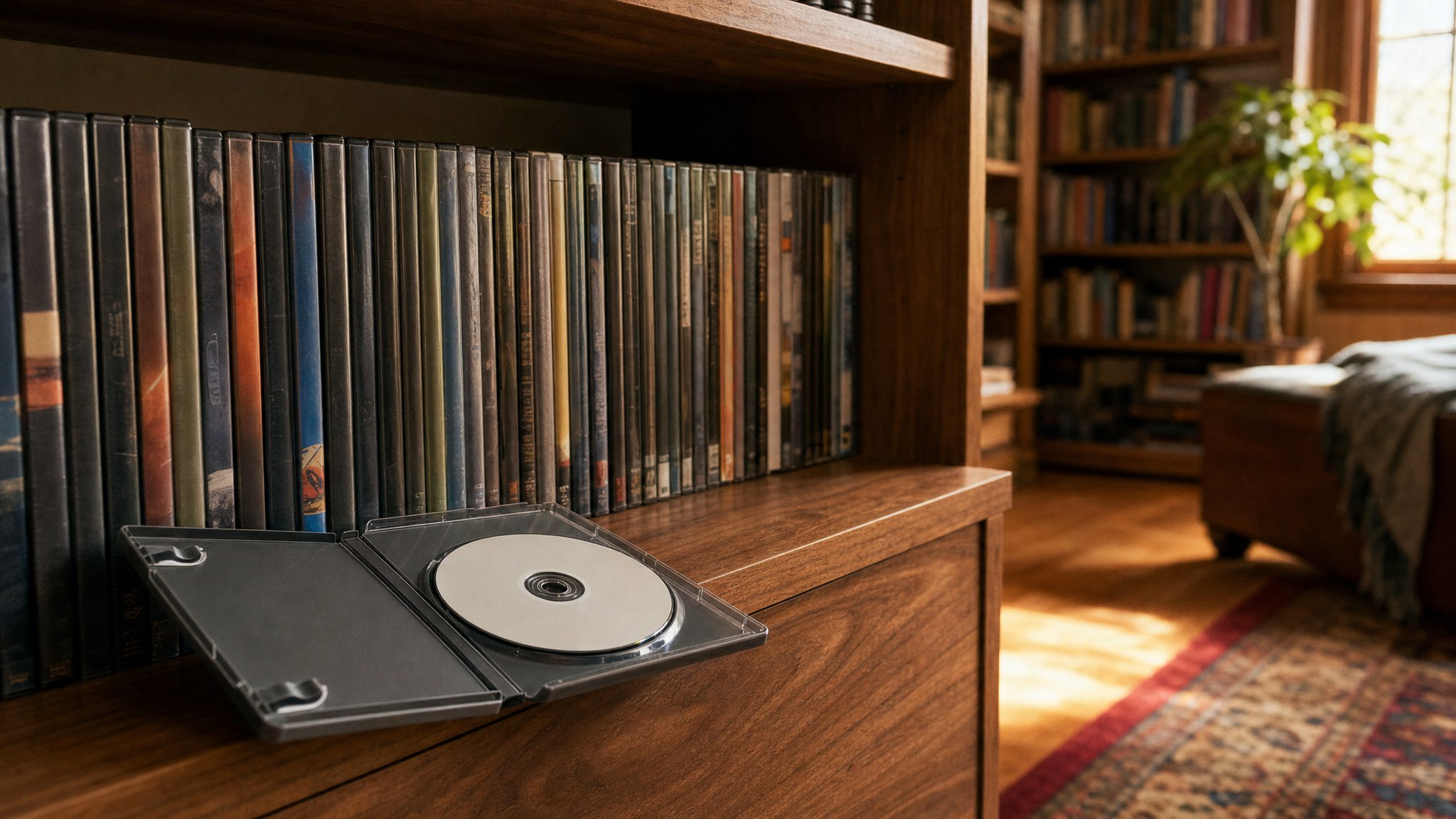 An open DVD case beside a carefully kept home movie collection