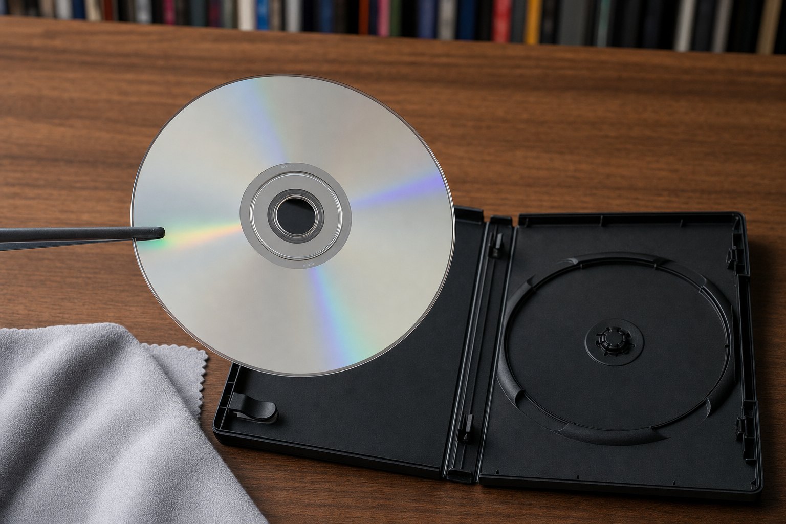 A clean DVD held by its edge above an open case and soft cloth