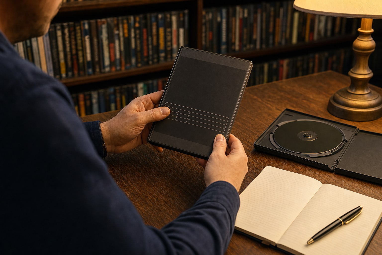 Collector checking an unbranded DVD case beside an open disc case and notebook