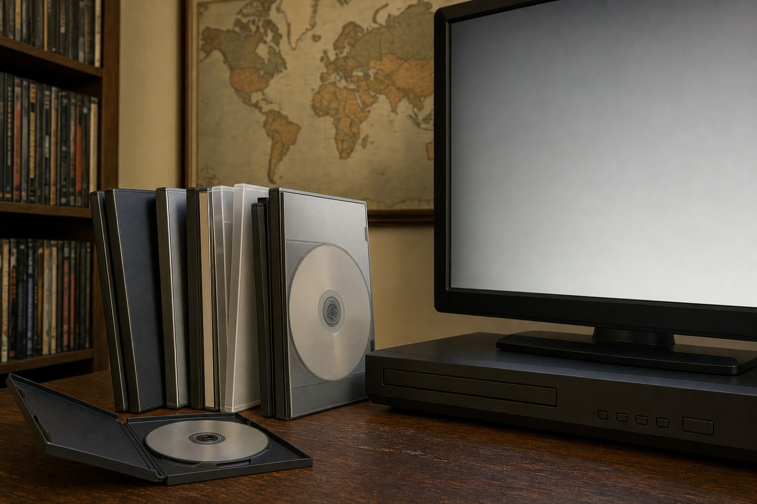 DVD cases beside a home television and DVD player in a collector's room