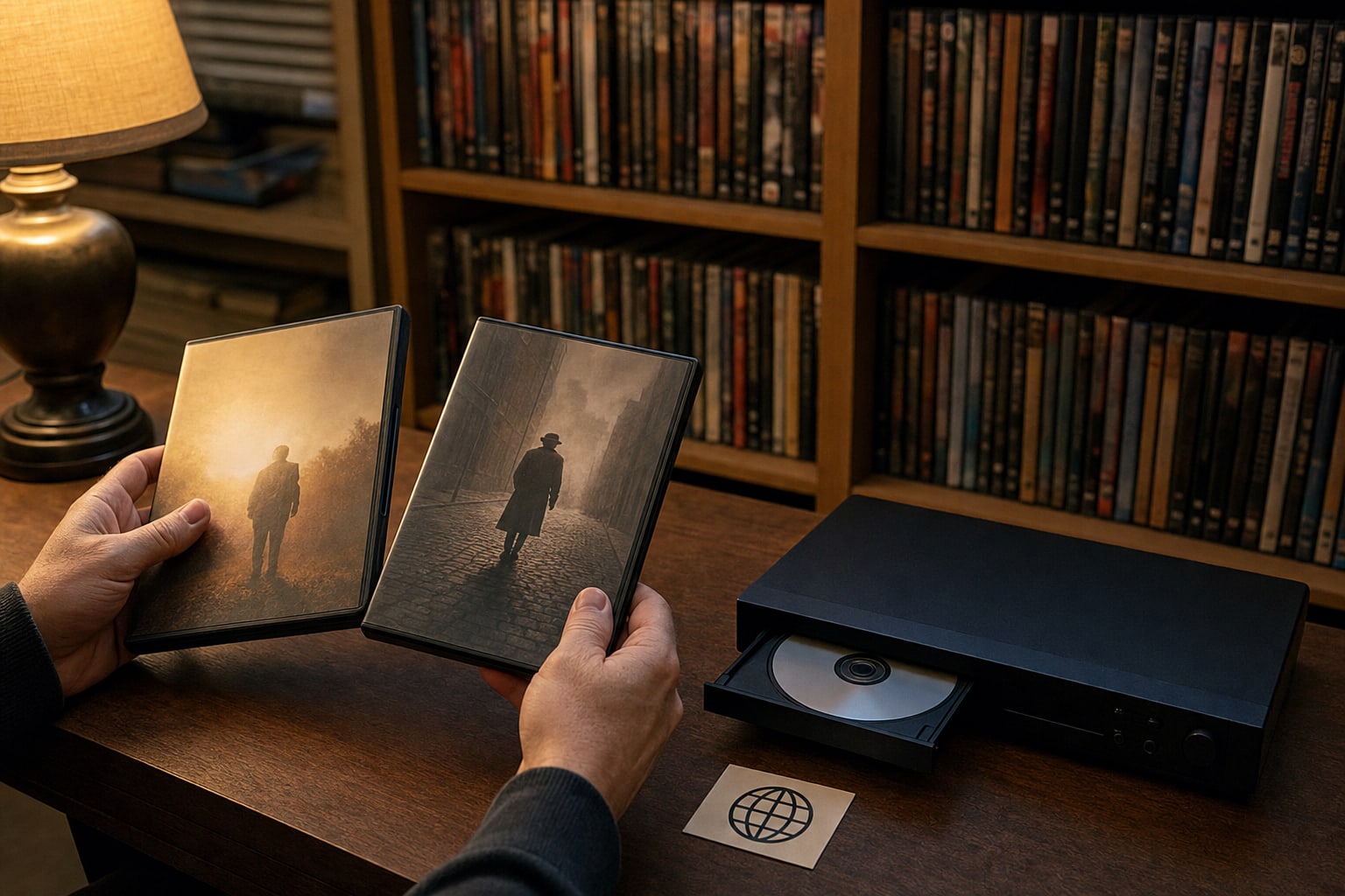 Collector comparing DVD cases beside a home DVD player and film shelves