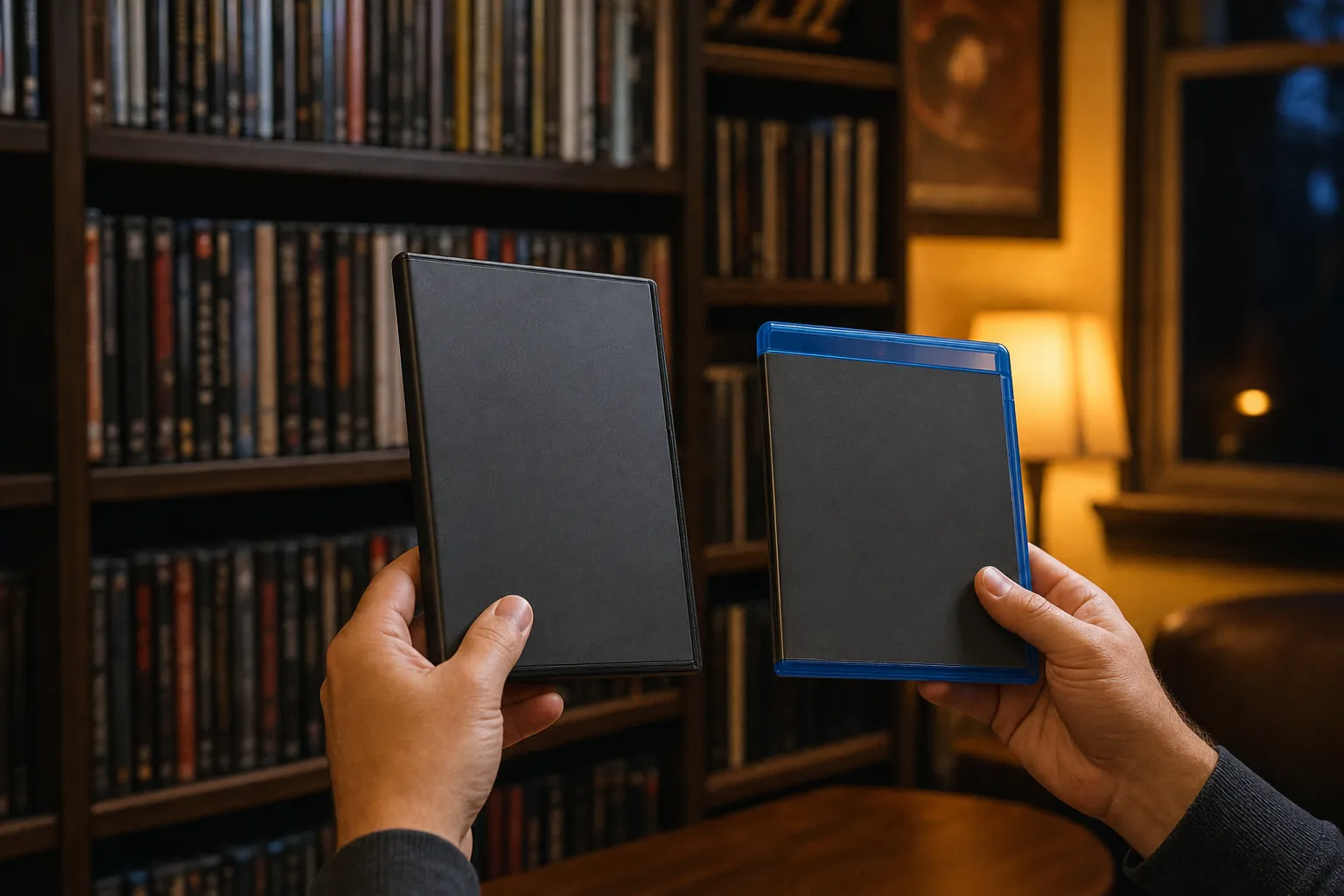 A collector comparing a black DVD case and a blue Blu-ray case in a home film library