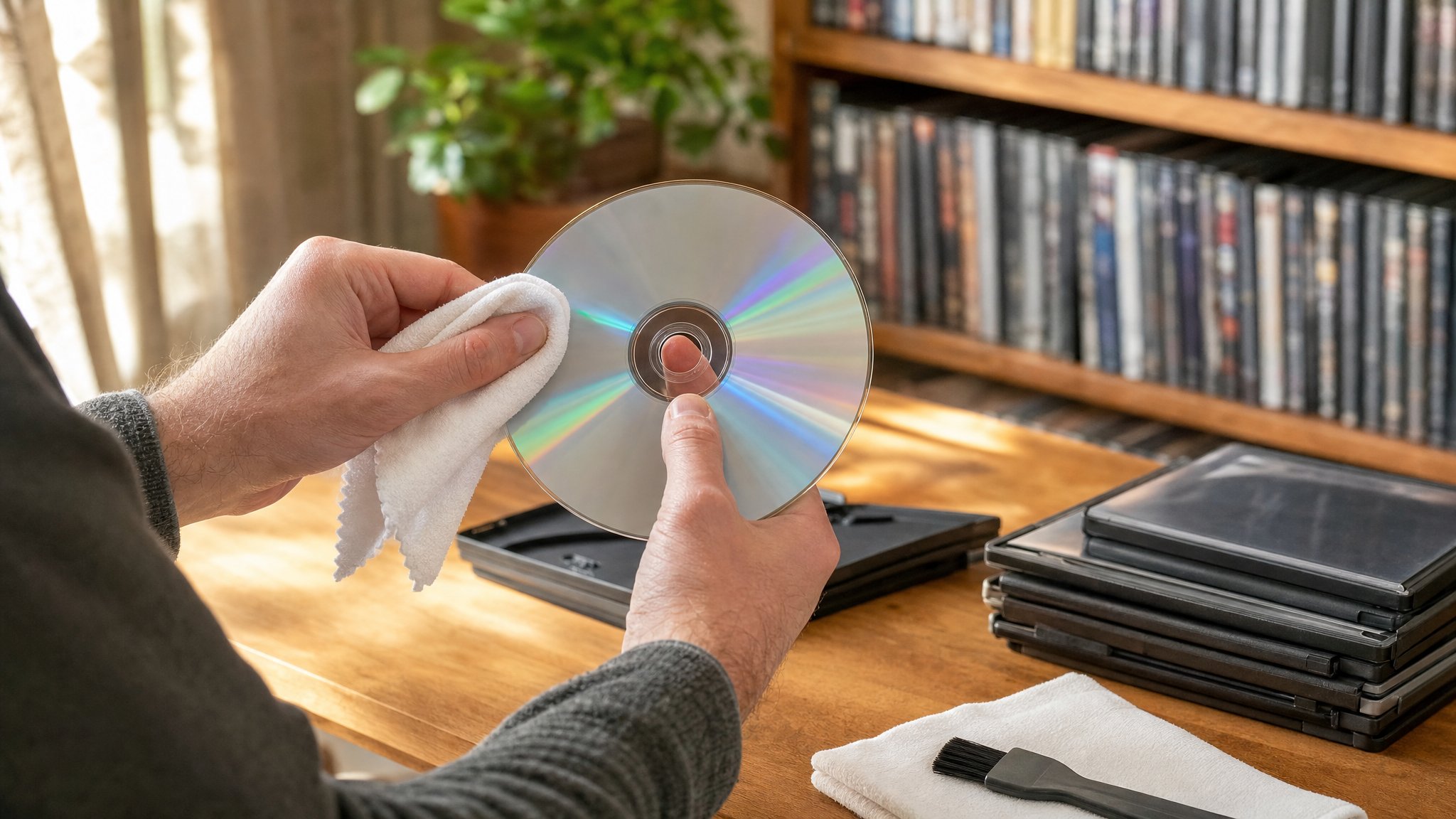A collector holding a DVD by its center and edge while gently cleaning it with a soft cloth