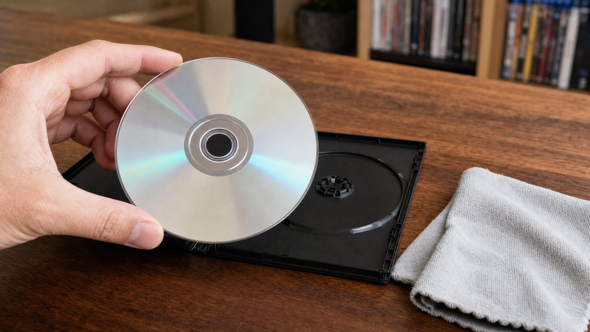 A collector inspecting a clean DVD by its edge above an open case and soft cloth