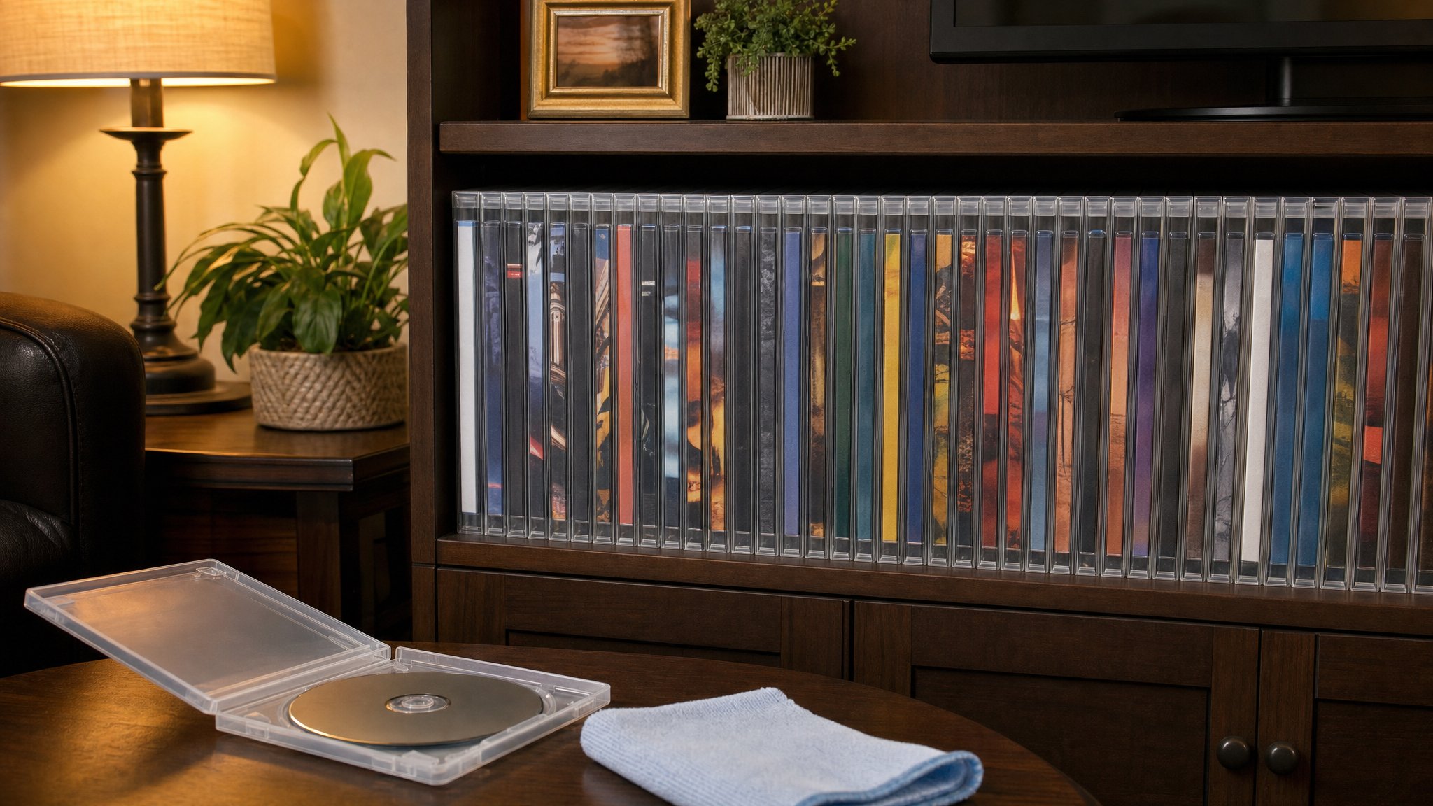 A tidy home media cabinet with DVD cases stored upright and an open case resting beside a soft cloth