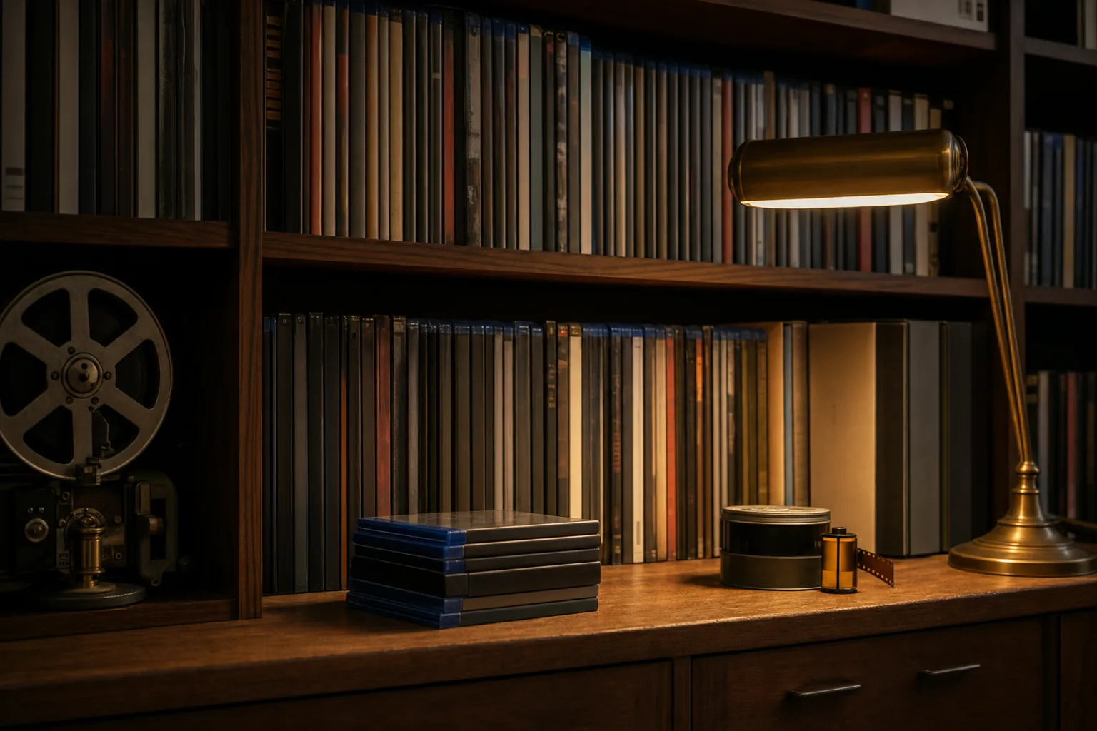 A vintage media cabinet with unbranded DVD and Blu-ray cases
