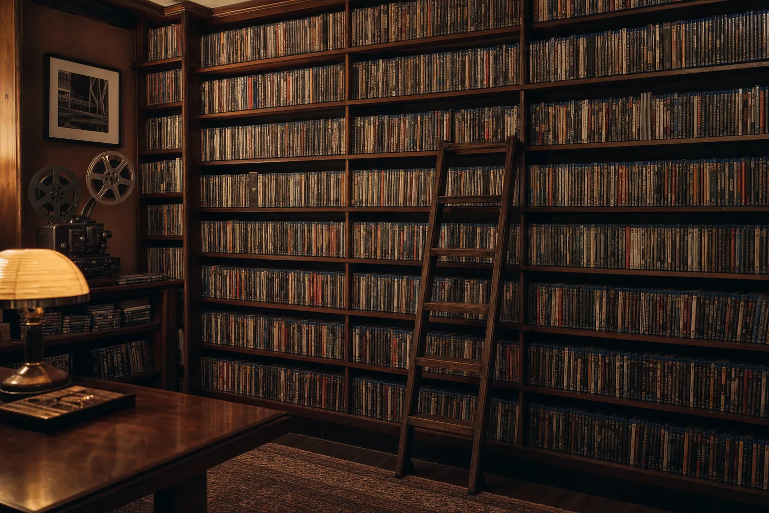A home film library with shelves of unbranded movie cases and a wooden ladder