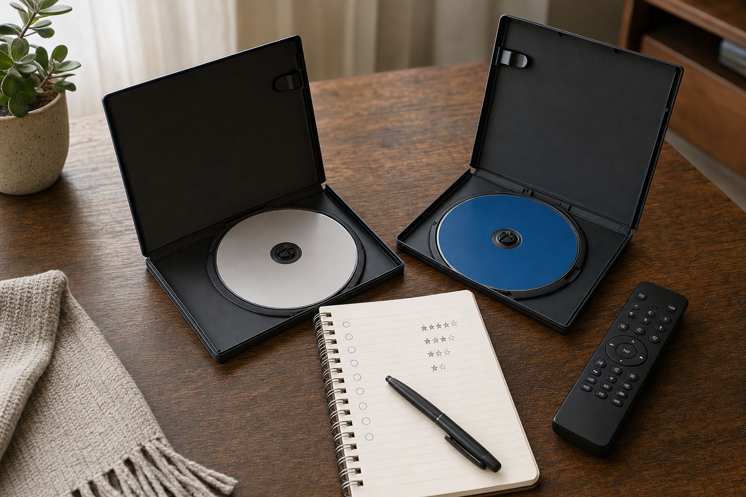 Two unbranded movie discs in open cases beside a handwritten watch list and remote control
