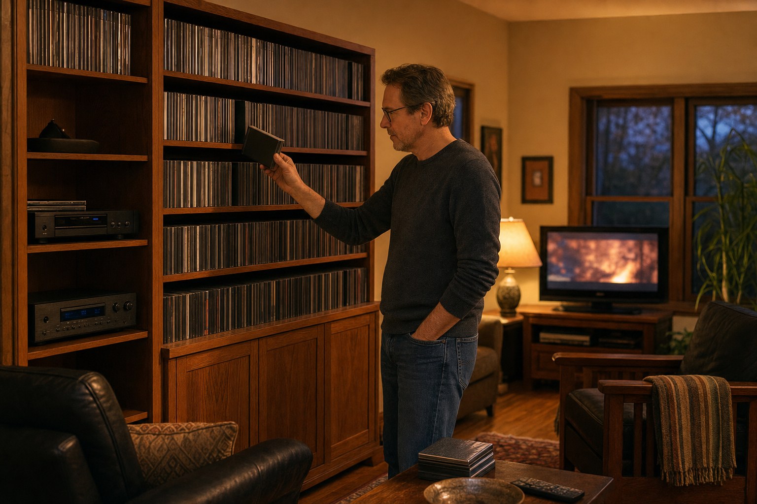A collector choosing an unbranded movie disc from a large home media shelf