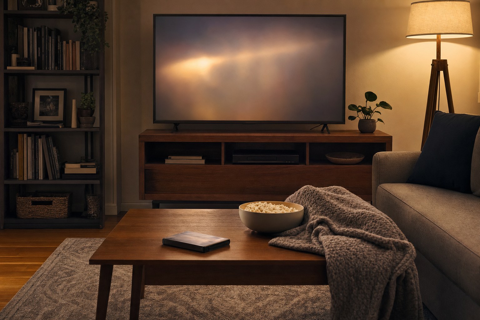 A warm living-room movie-night setup with an unbranded disc player, a single movie case, a blanket, and a softly glowing television