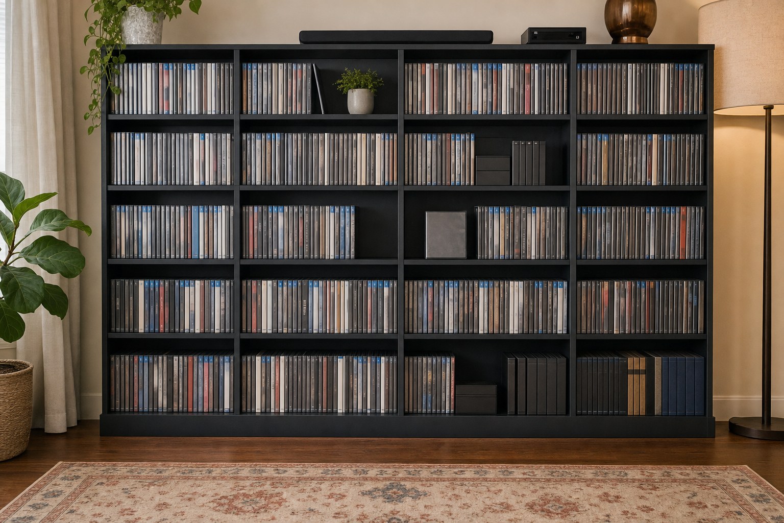 An organized home movie shelf with unbranded DVD and Blu-ray cases, a few open spaces, and a favorite case displayed forward