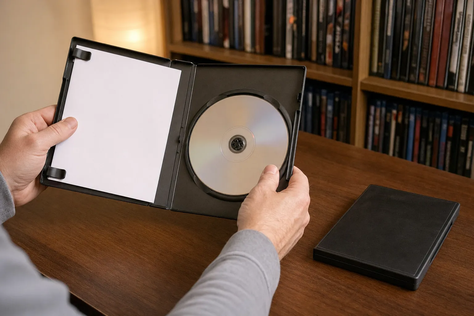 Hands holding an open unbranded disc case with a disc and blank booklet