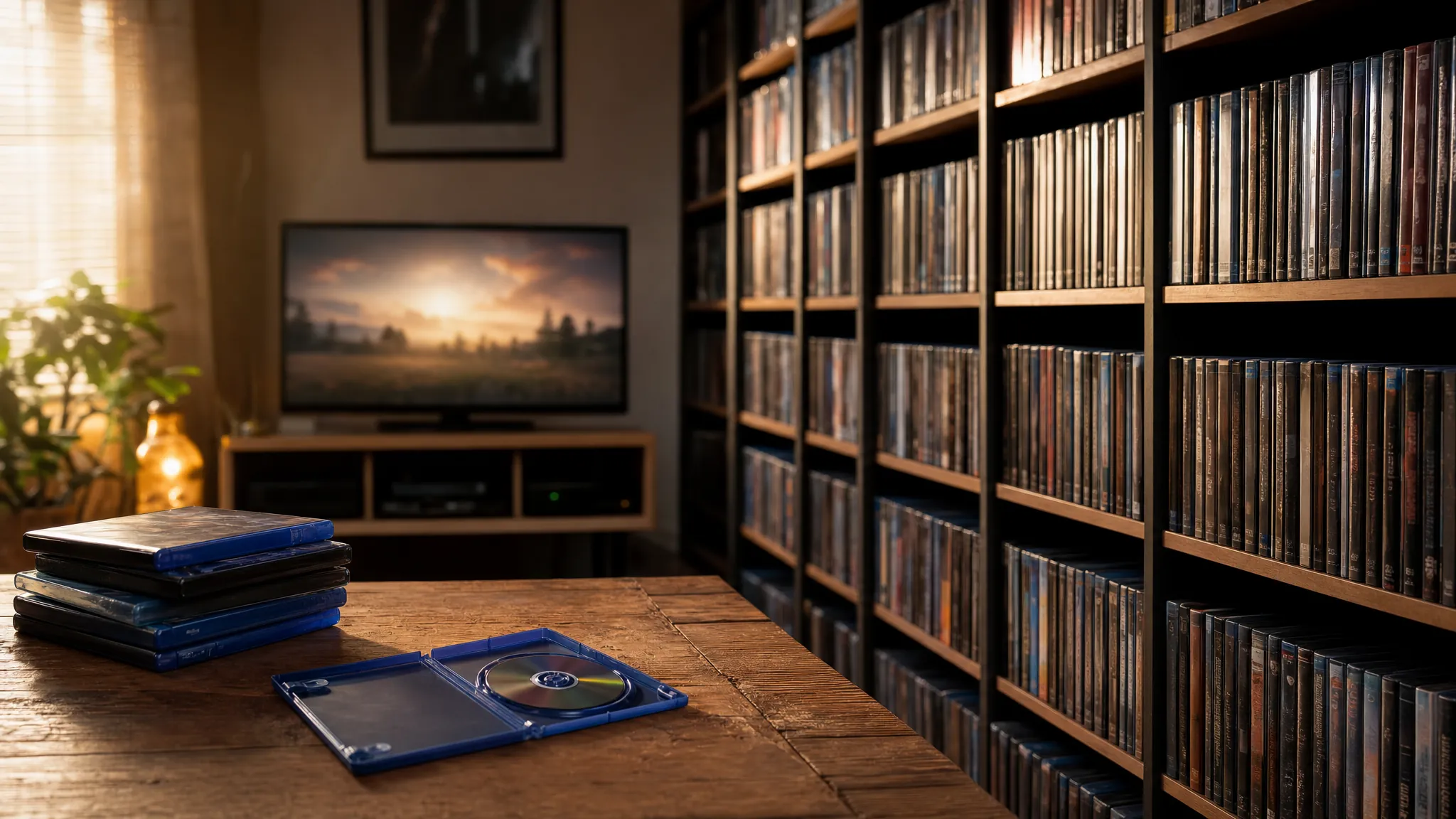 A curated home film library with DVD and Blu-ray cases on shelves
