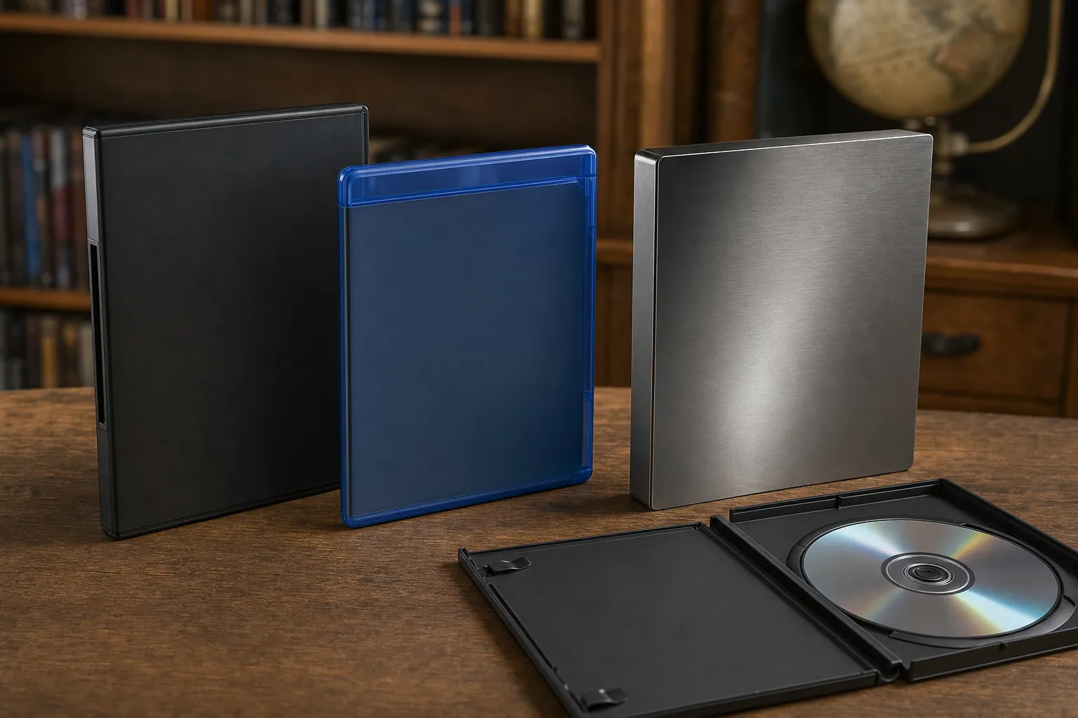 Generic DVD, Blu-ray, and premium disc cases beside an open disc case