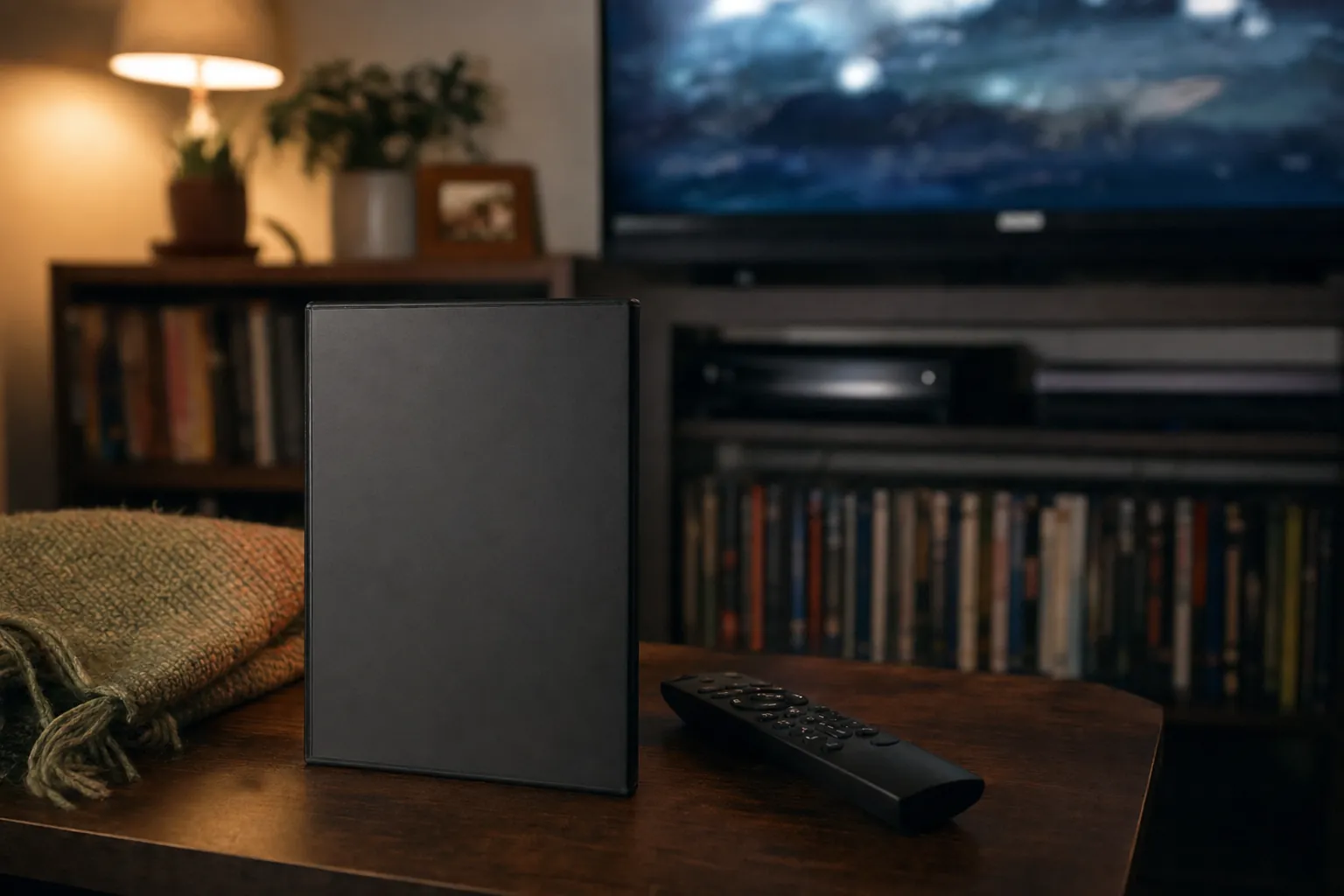 A blank black movie case and remote prepared for a home movie night