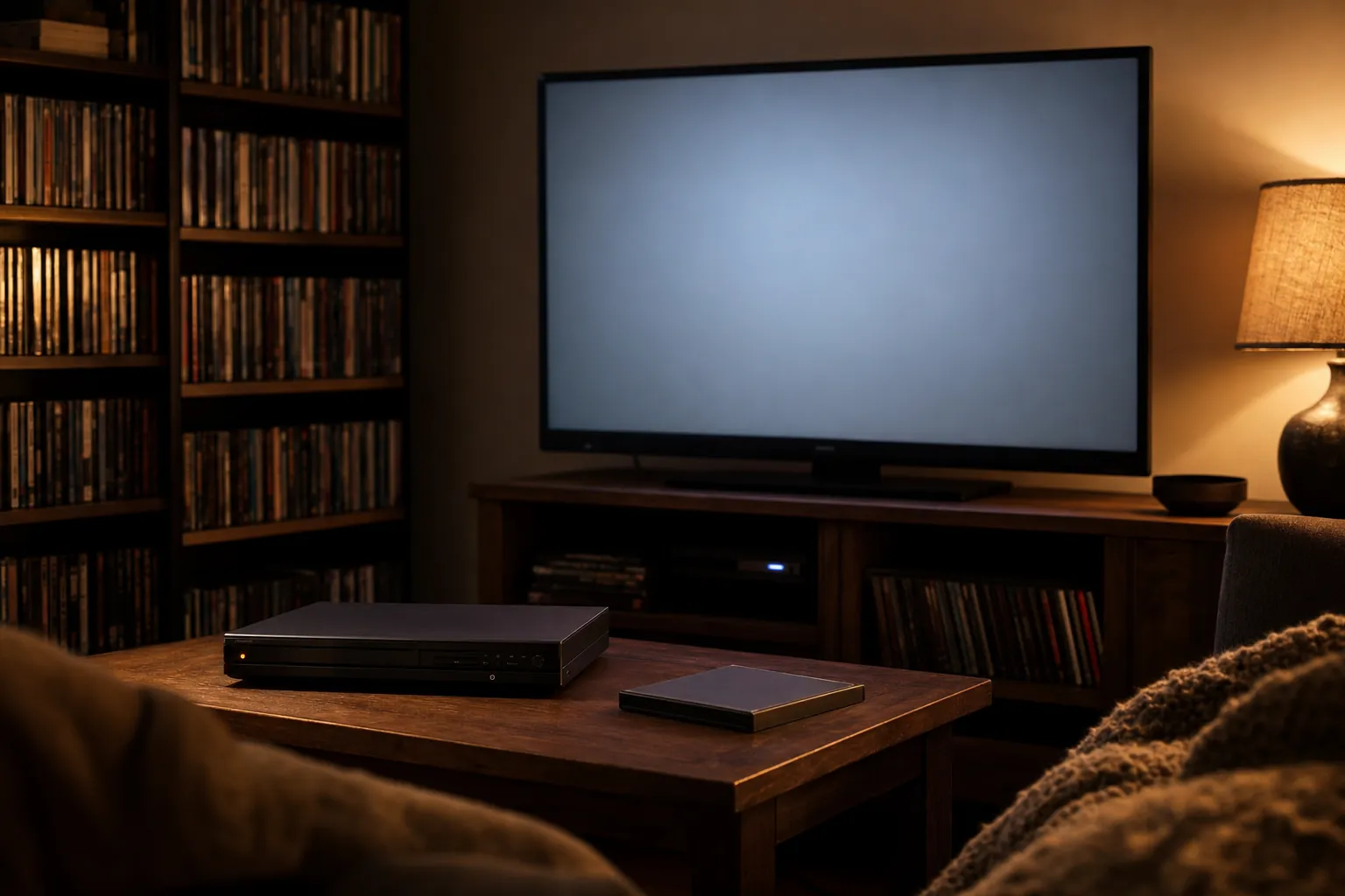 A quiet living room prepared for a physical media movie night with a disc player and shelves of cases