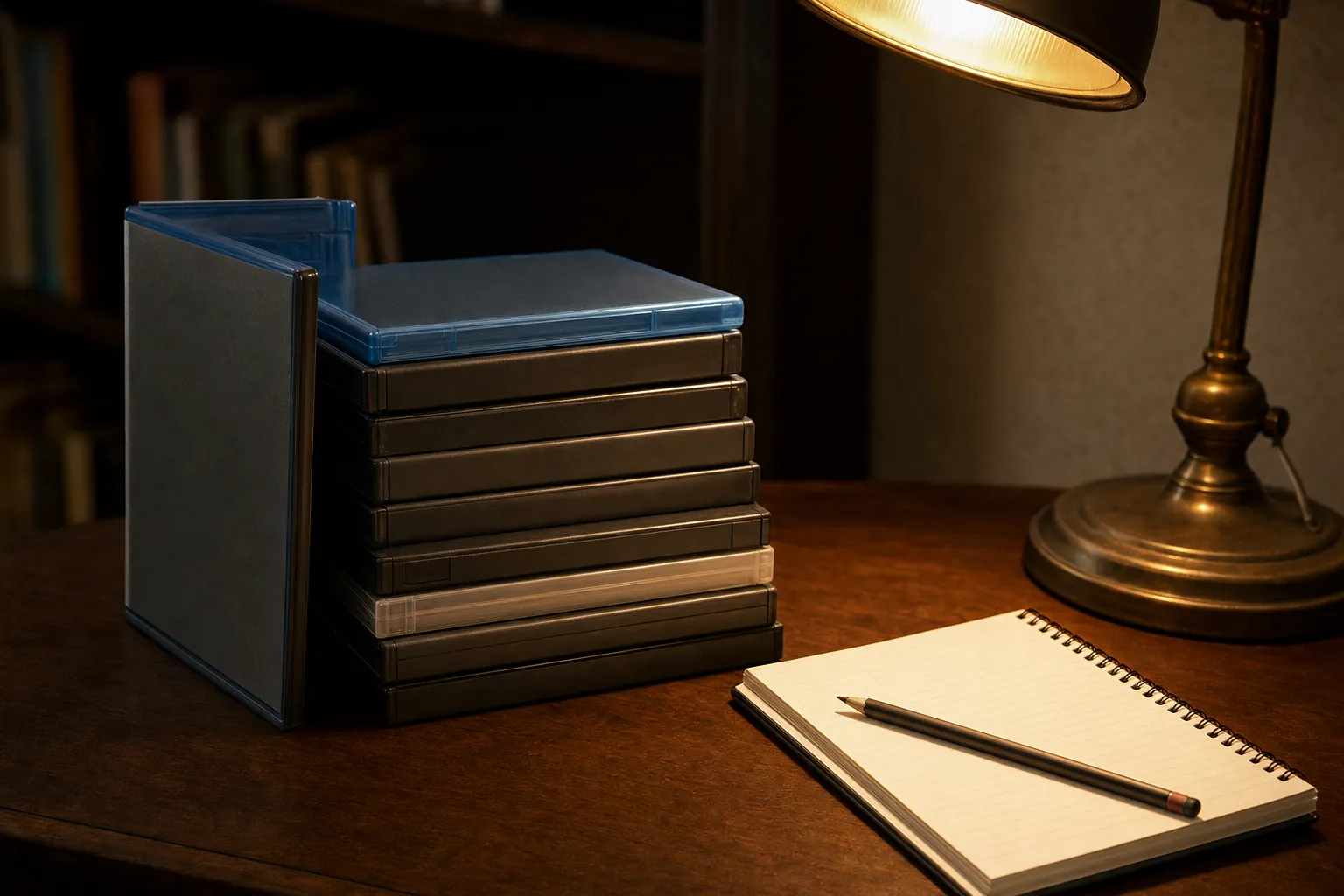 A small stack of unbranded movie cases beside a notebook and desk lamp
