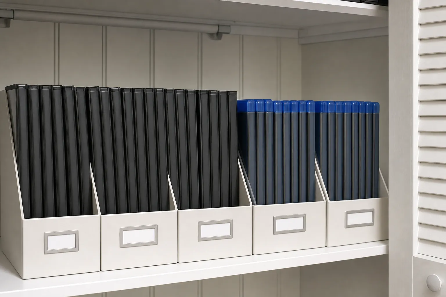 Unbranded DVD and Blu-ray cases stored upright in open shelf bins