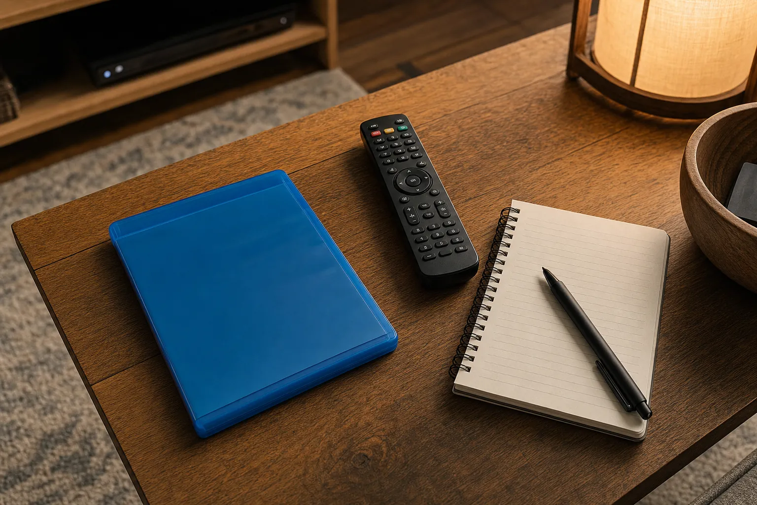 An unbranded blue disc case, remote control, and notebook on a wooden coffee table