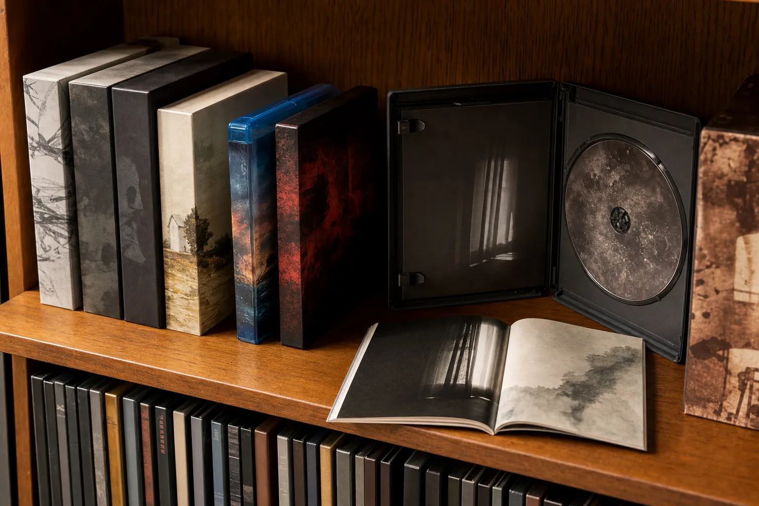 Unbranded home-video cases, an open disc case, and an illustrated booklet on a wooden shelf