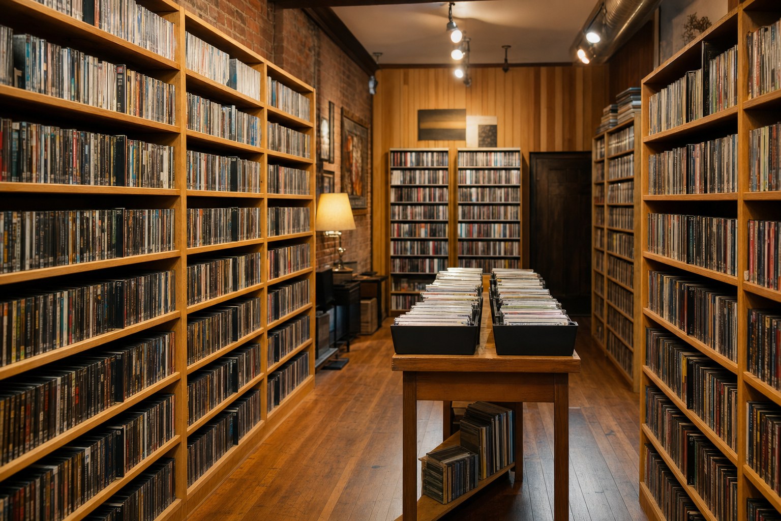 An independent used-media store aisle with shelves of DVD cases and browsing bins