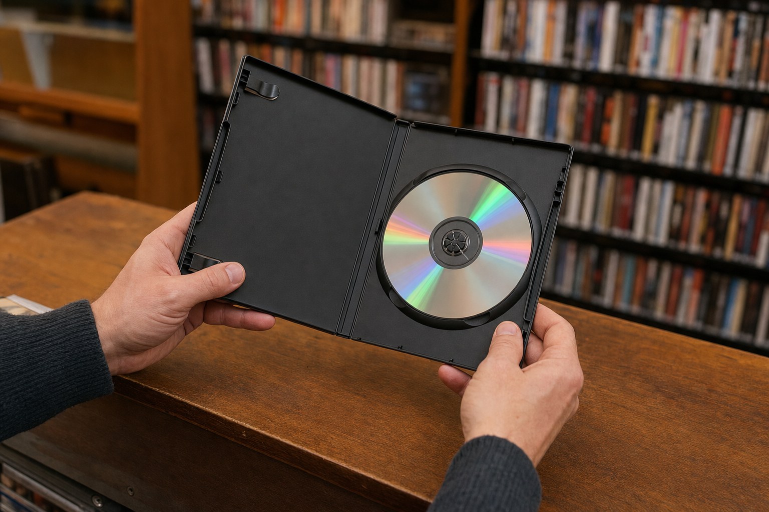 A collector inspecting an open used DVD case at a wooden counter