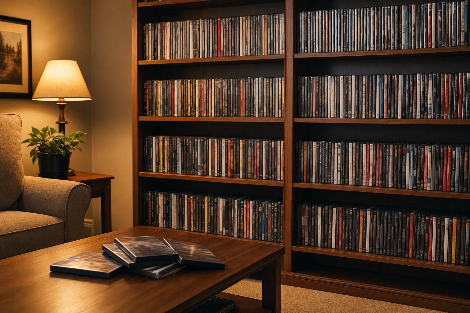 A collector comparing unbranded DVD cases beside a neatly organized home media shelf