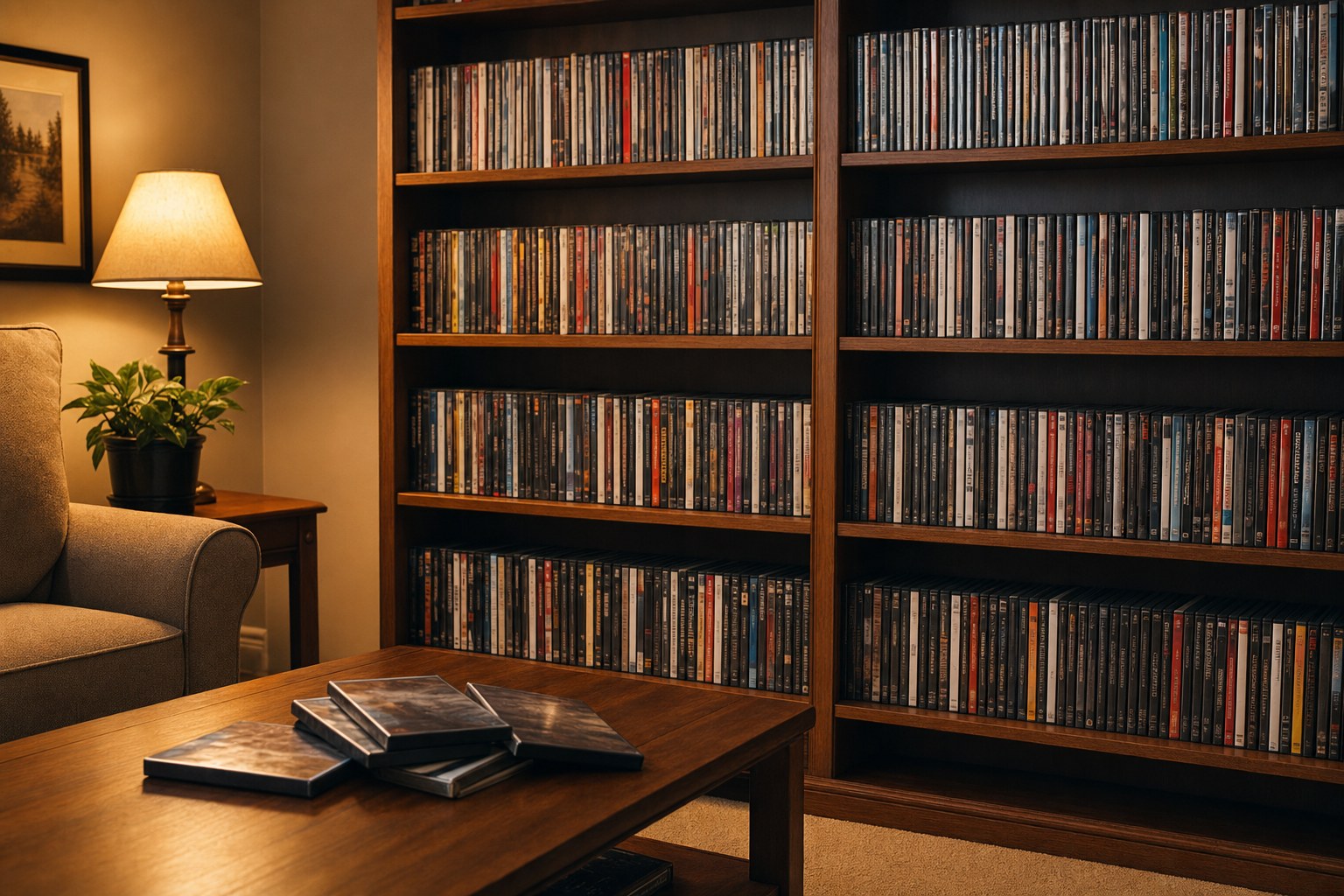 A carefully organized home DVD shelf with a few selected cases ready to compare