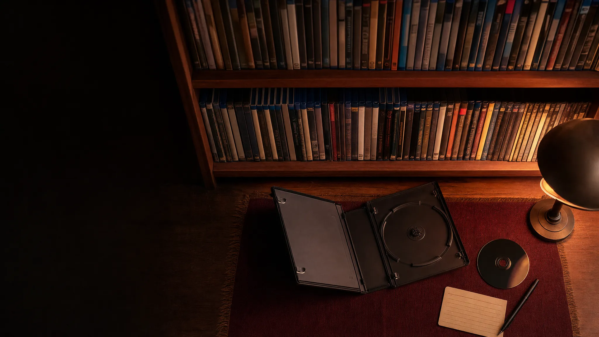 A collector shelf of DVD, Blu-ray, and 4K cases beside an open disc case