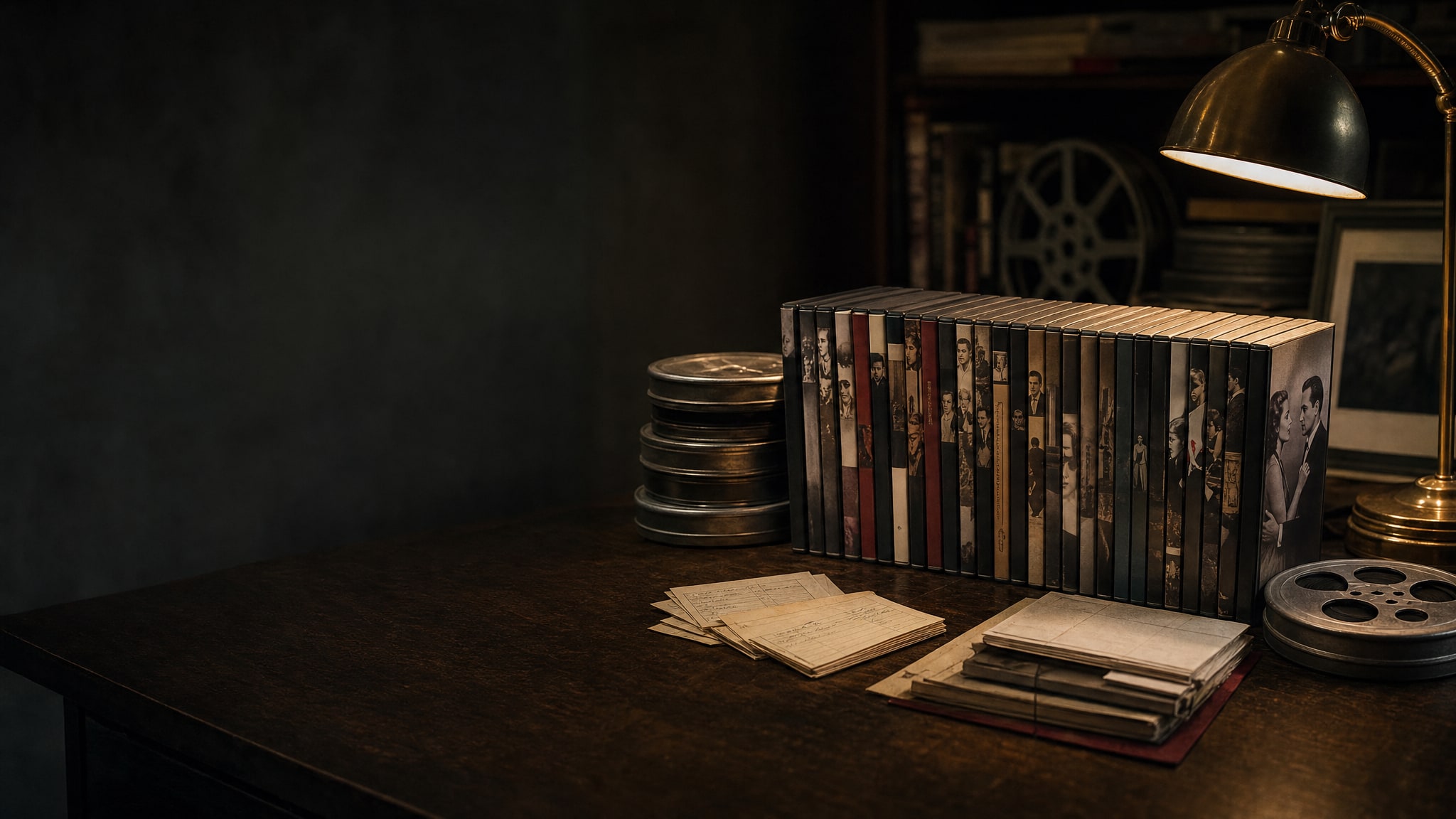 Classic DVD cases, film canisters, and a reading lamp in a collector study