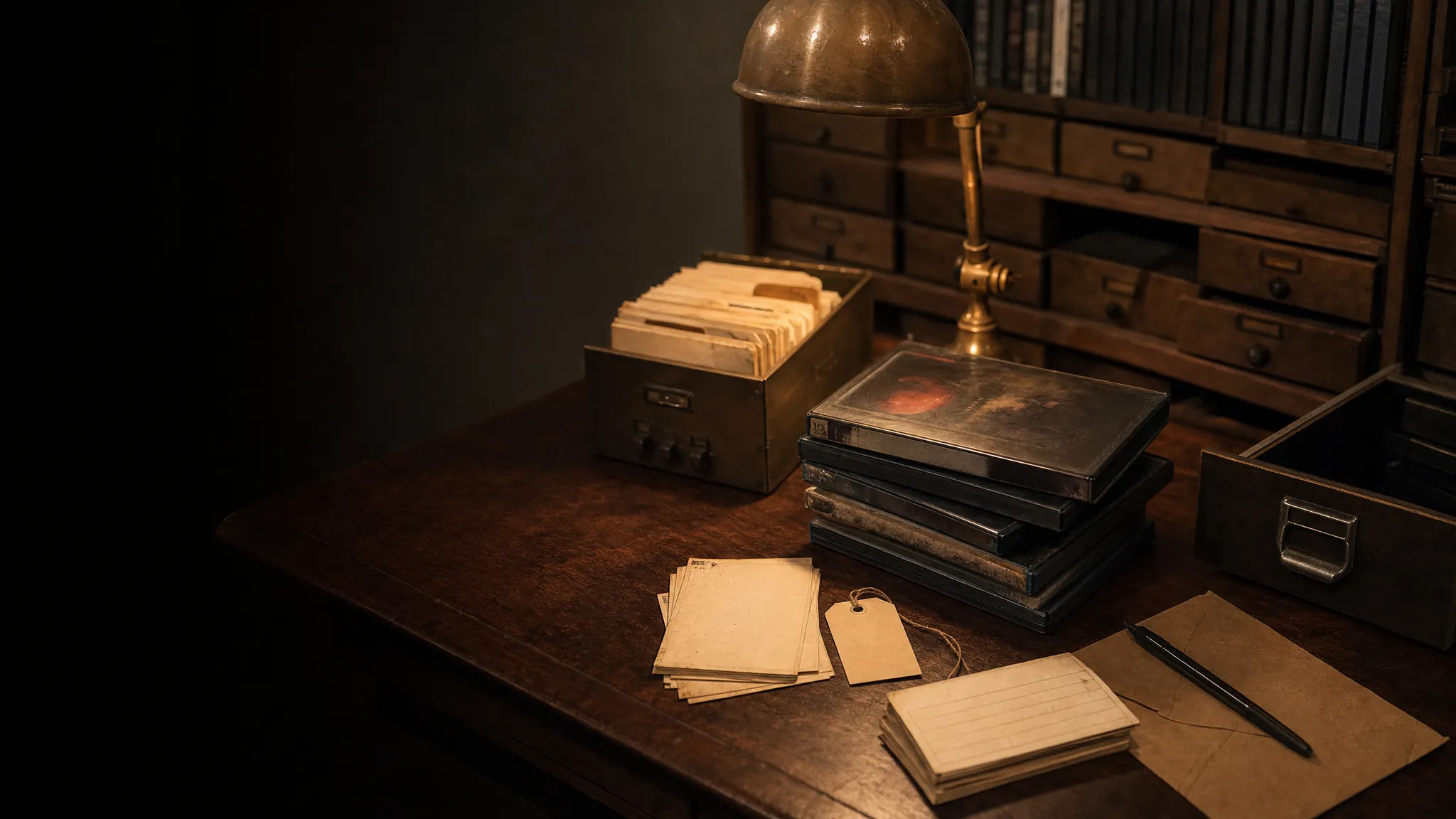 Unbranded DVD cases and catalog cards on a collector’s archive desk