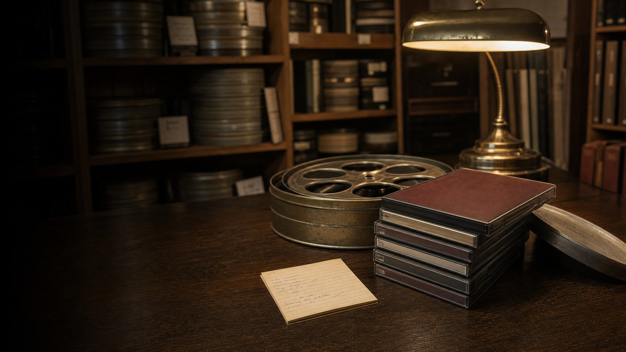 Vintage DVD cases, film canisters, and a desk lamp in a private film archive