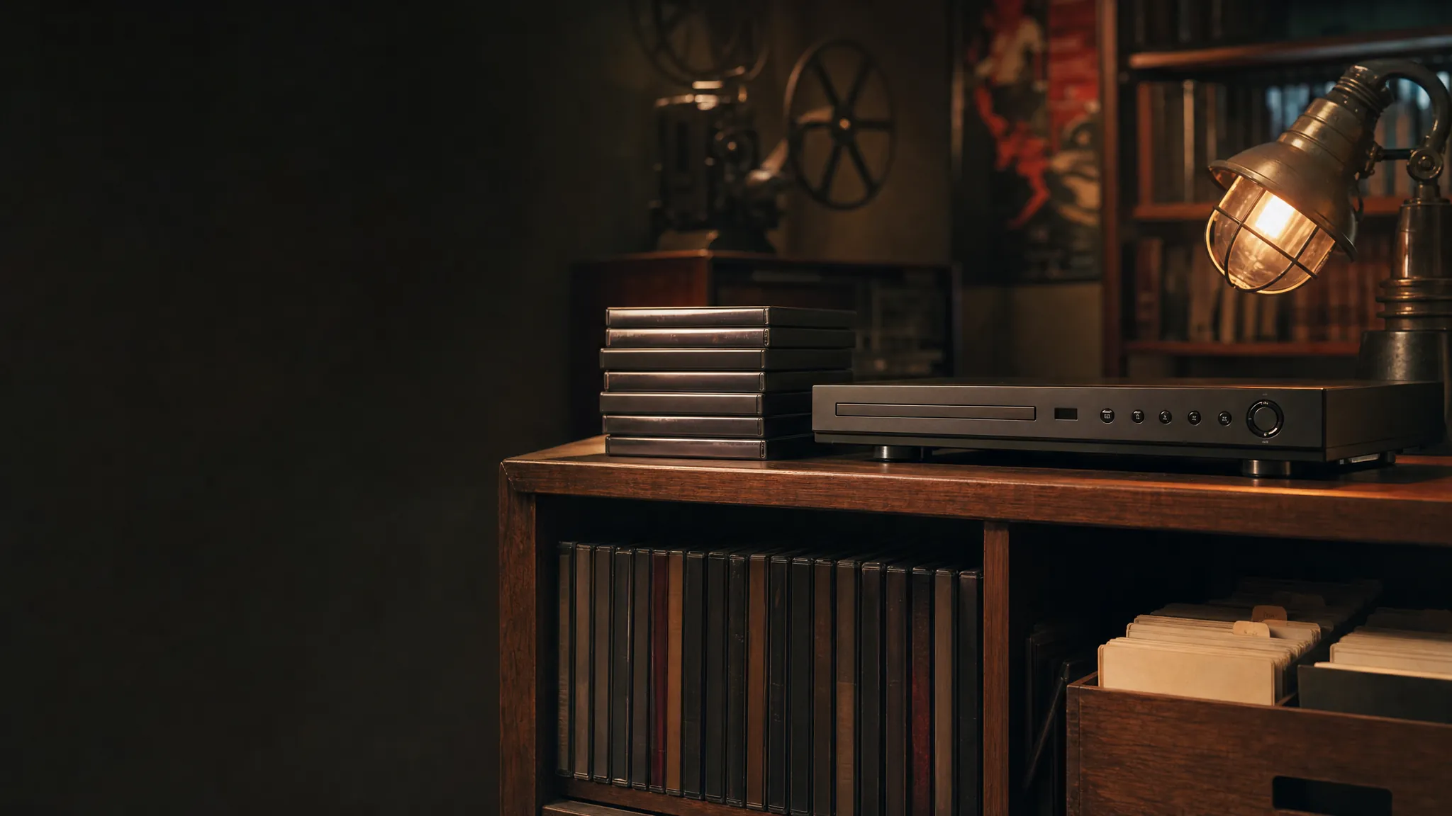 Unbranded DVD cases beside a DVD player in a warm private film archive