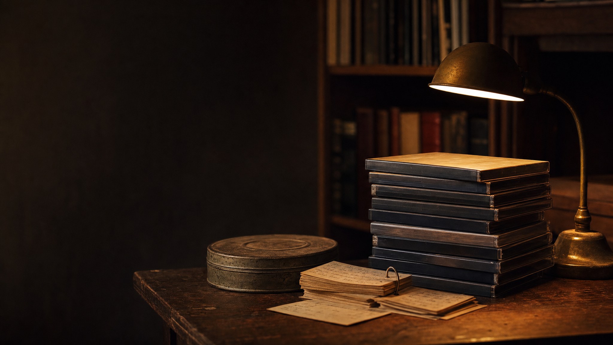 A stack of unbranded vintage DVD cases beside a brass lamp and catalog cards