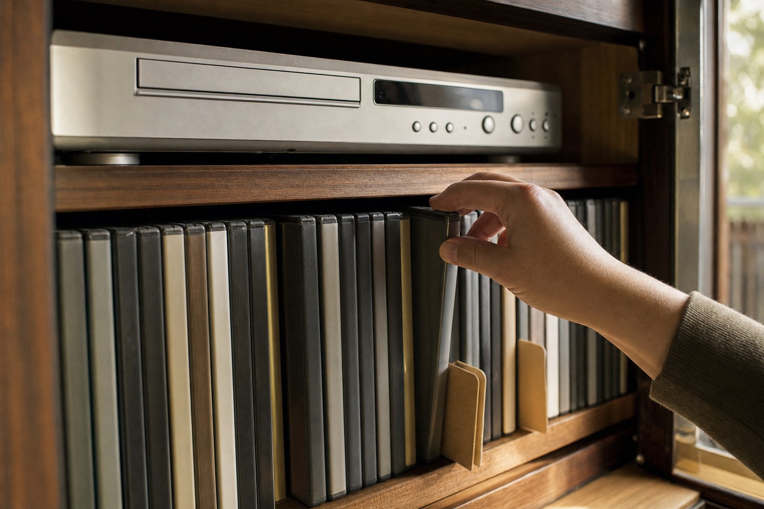 A hand selecting an unbranded DVD from a home archive beneath a silver DVD player