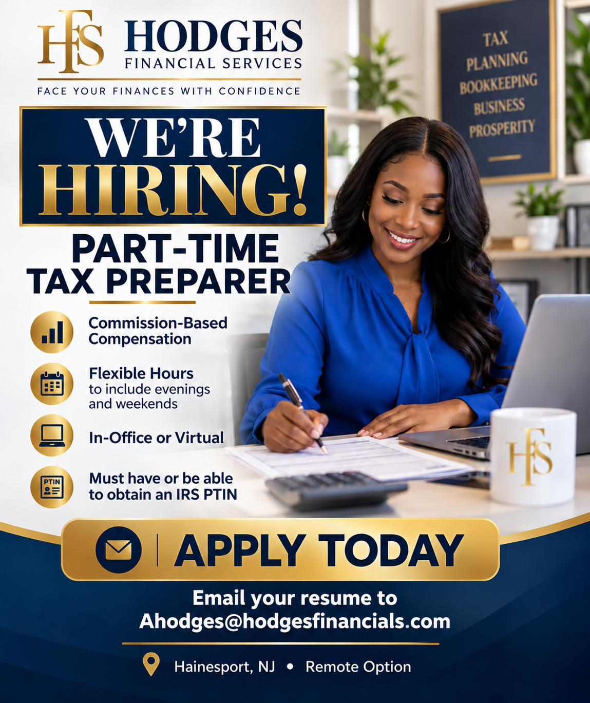 HFS hiring poster for a part-time tax preparer, with commission-based compensation, flexible hours and in-office or virtual opportunities.