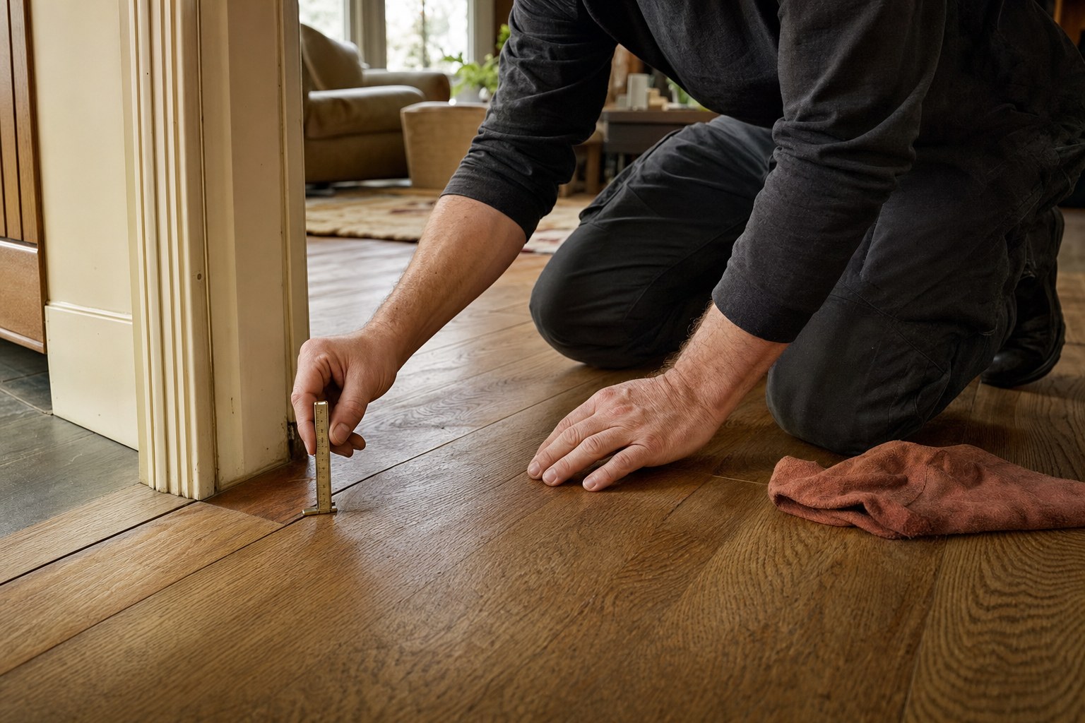 Flooring professional assessing an engineered hardwood floor at a doorway