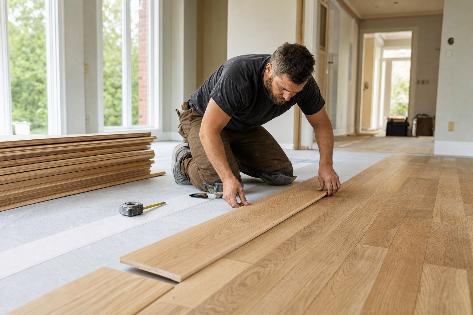 Craftsperson aligning unfinished hardwood boards during a residential installation