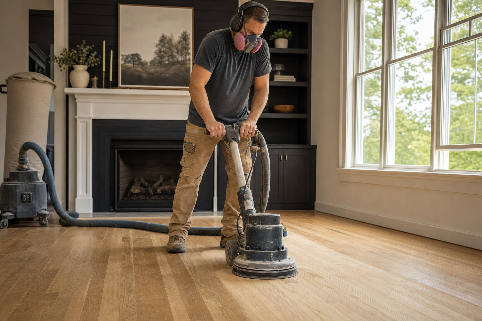 Flooring professional carefully refinishing a natural oak hardwood floor
