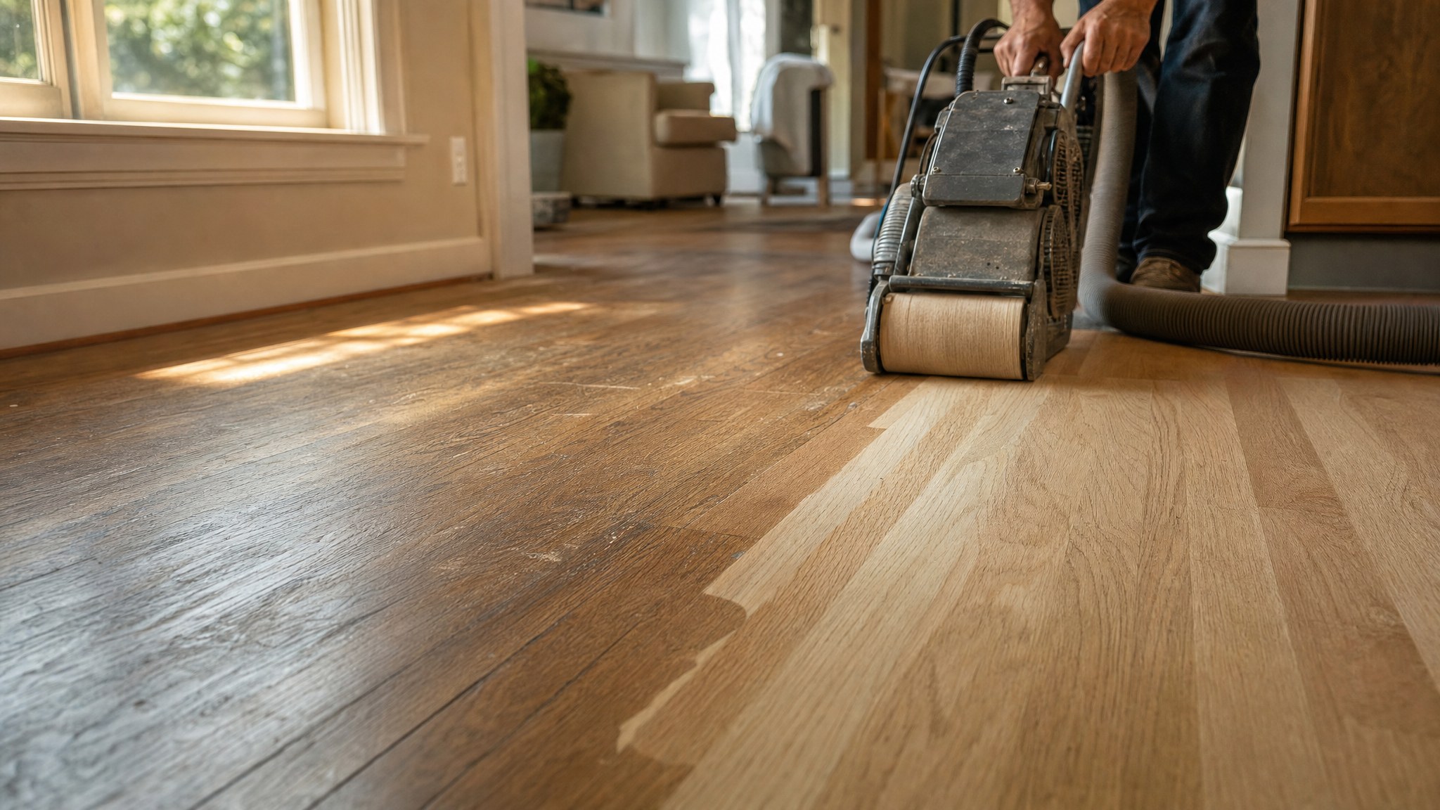 Craftsperson carefully refinishing a hardwood floor in a Cary home