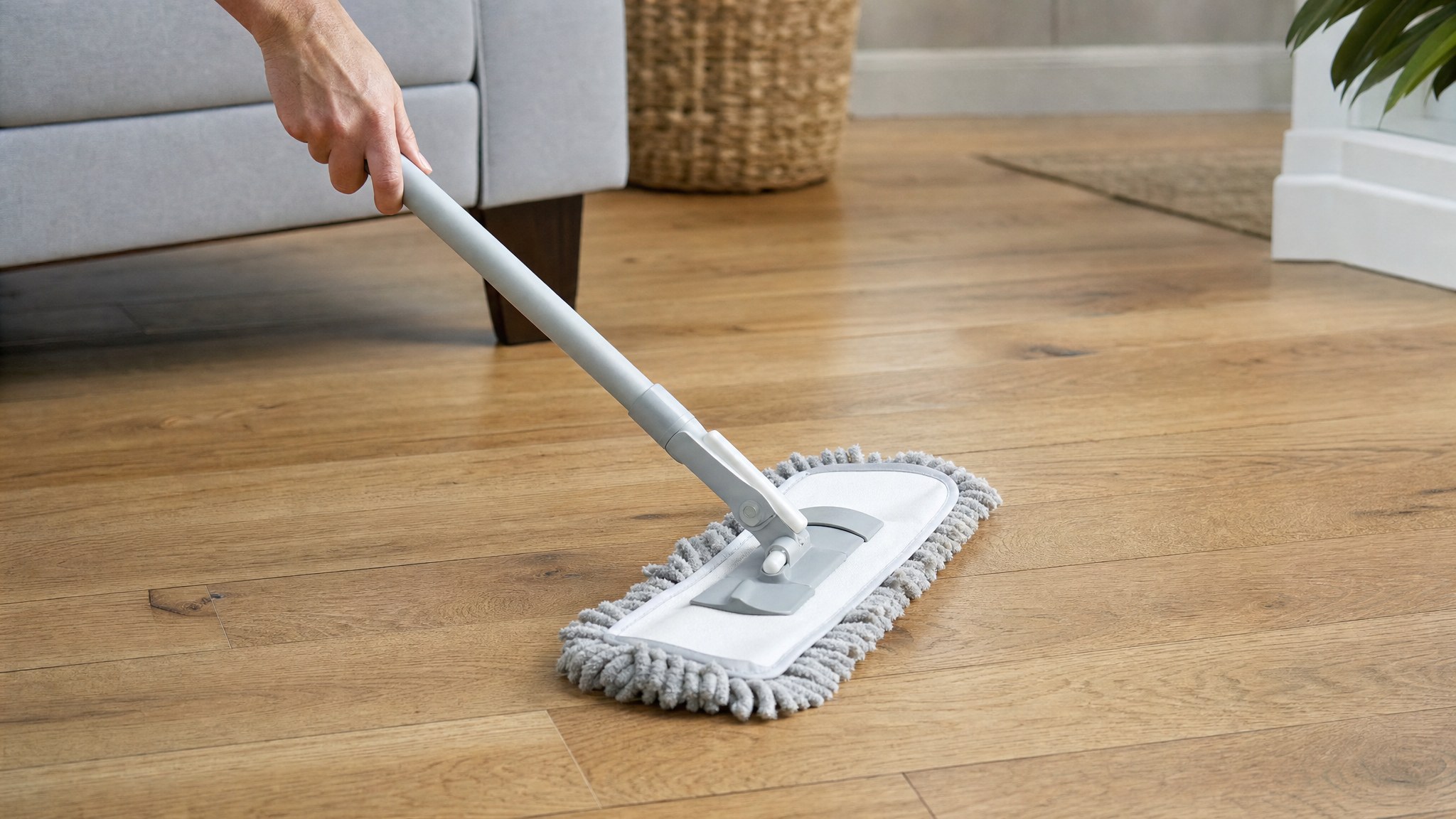 Microfiber dust mop moving gently across an oak engineered hardwood floor