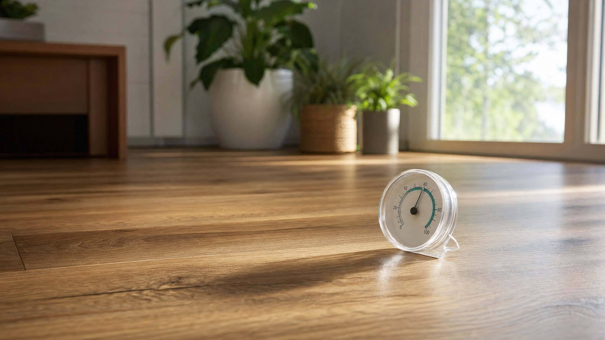 Small hygrometer resting beside an oak engineered hardwood floor near a bright window