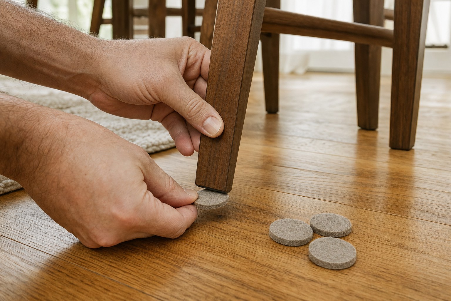 Felt pad being placed under a wooden dining chair leg on an oak hardwood floor