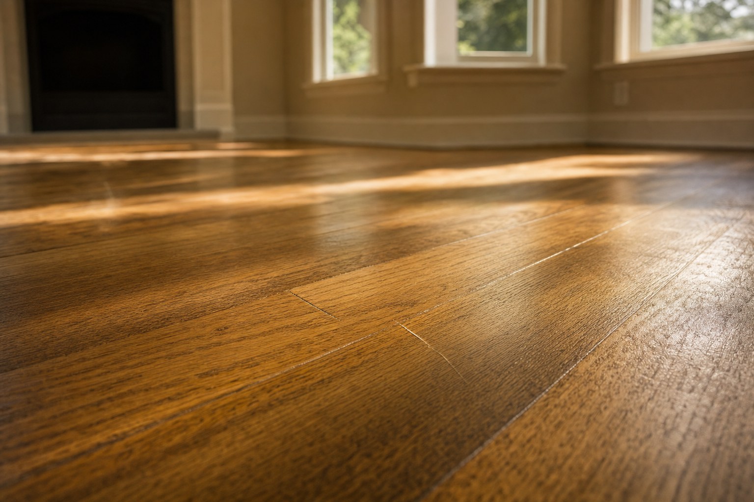 Small natural scratch catching light on a warm oak hardwood floor