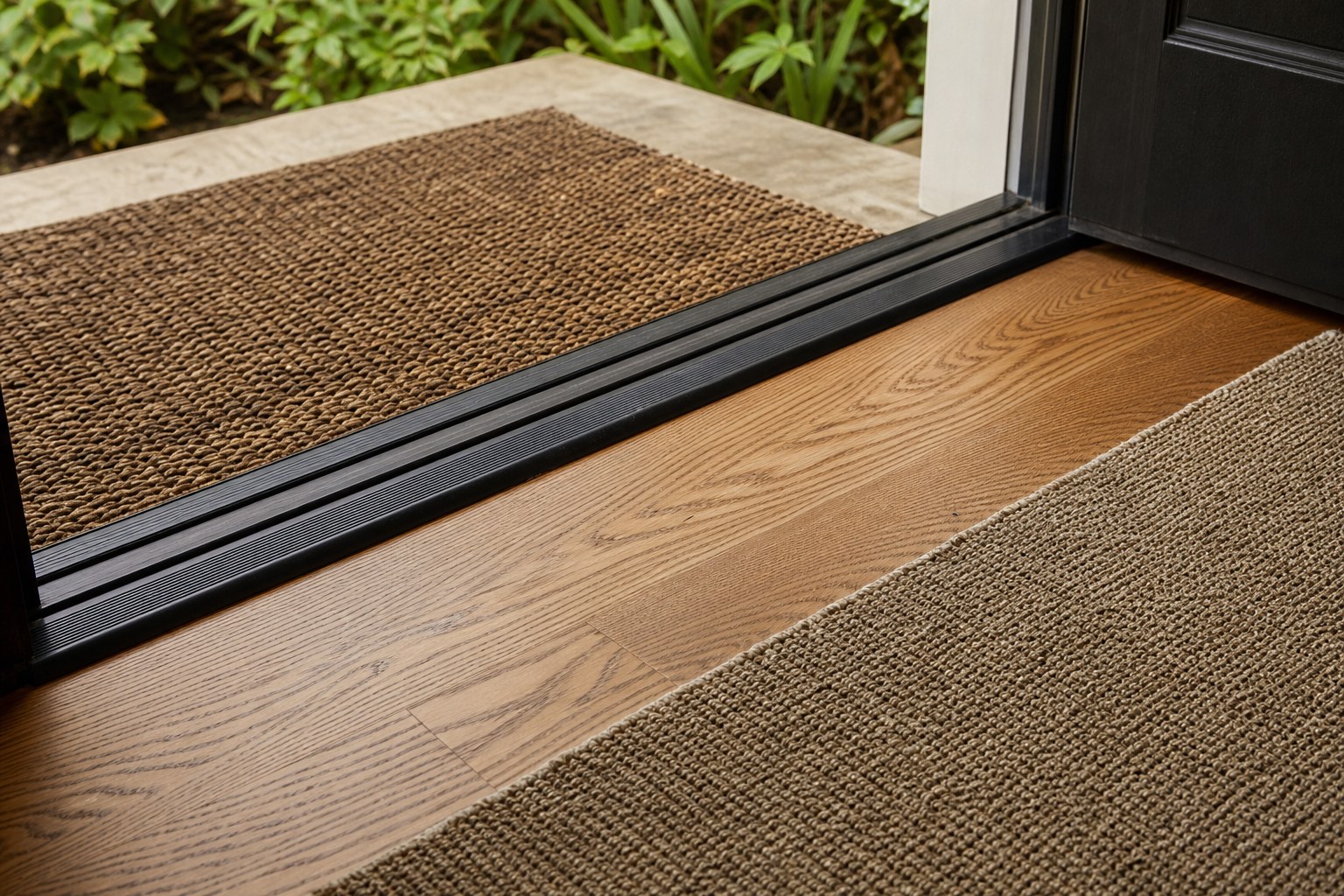 Exterior and interior mats protecting a warm oak hardwood entry