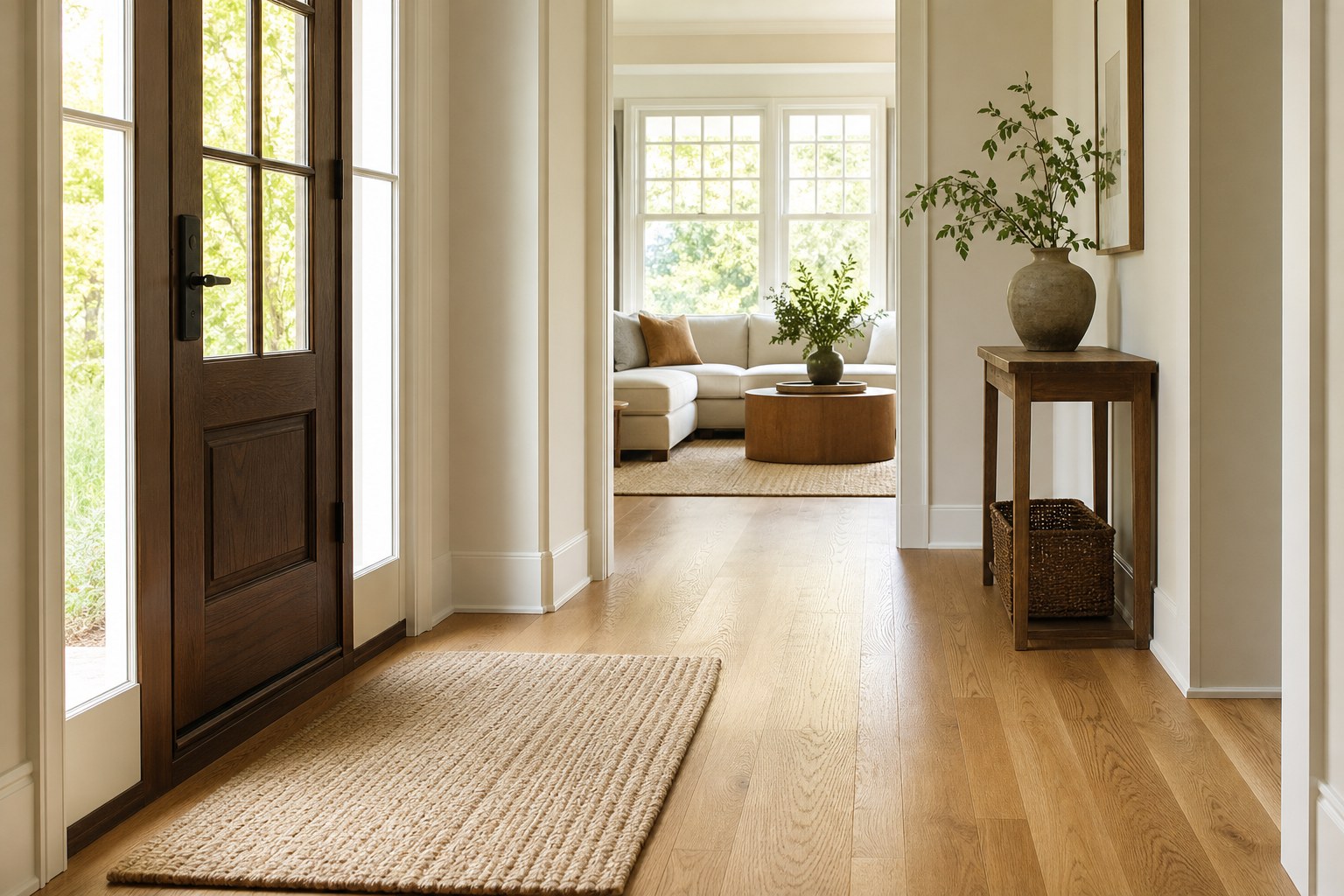 Sunlit entry and warm oak hardwood floor in a Triangle home